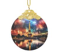 Décorations de Noël 2024 en verre - Tour Eiffel et feu d'artifice - Décoration ronde pour sapin de Noël - Décoration à suspendre