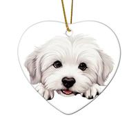 Décorations de Noël 2024 Peeking en coton de Tulear - Cadeau souvenir coloré d'animaux - Cadeau de collection pour décorations de sapin de Noël - Cœur en céramique - 7,6 cm - Blanc