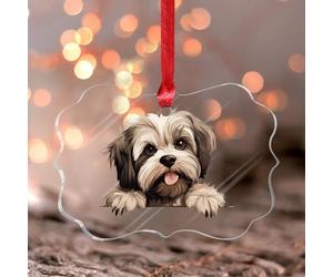 Décorations de Noël 2024 Peeking Lhassa Apso en acrylique - Souvenir de chien mignon - Souvenir de chien amusant - Cadeau de collection - Étiquette de nom de chaussette transparente