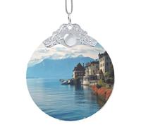 Décorations de Noël 2025 à suspendre en verre pour sapin de Noël - Ornements souvenirs amusants - Lac Léman en Suisse - Décoration de Noël ronde à suspendre pour l'hiver