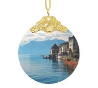 Décorations de Noël 2025 à suspendre en verre pour sapin de Noël - Ornements souvenirs amusants - Lac Léman en Suisse - Décoration de Noël ronde à suspendre pour l'hiver