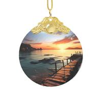 Décorations de Noël 2025 à suspendre en verre pour sapin de Noël - Ornements souvenirs amusants - Paysage marin - Coucher de soleil - Océan - Plage - Artisanat rond - Décoration de Noël pour l'hiver