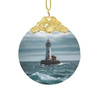 Décorations de Noël 2025 à suspendre en verre pour sapin de Noël - Ornements souvenirs amusants - Phare océan - Décoration de Noël ronde à suspendre pour l'hiver