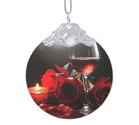 Décorations de Noël 2025 à suspendre en verre pour sapin de Noël - Ornements souvenirs amusants - Rose rouge - Verre à vin et bougie à suspendre - Décoration de Noël ronde pour l'hiver
