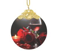 Décorations de Noël 2025 à suspendre en verre pour sapin de Noël - Ornements souvenirs amusants - Rose rouge - Verre à vin et bougie à suspendre - Décoration de Noël ronde pour l'hiver