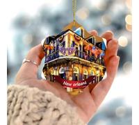 Décorations de Noël 2025 avec pendentif paysage urbain de la Nouvelle-Orléans en porcelaine avec drapeau des États-Unis - Cadeau de collection pour décoration de vacances - Cercle en céramique - 7,6