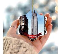 Décorations de Noël 2025 en forme de paysage de la ville de New York - Décorations à suspendre - Motif drapeau des États-Unis - Cadeau de collection pour sapin de Noël - Cercle en céramique - 7,6 cm