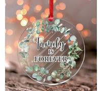 Décorations de Noël 2025 Family Is Forever en acrylique - Couronne de Noël ronde - Couronne verte - Souvenir - Cadeau de collection - Décoration d'arbre - Étiquette de nom
