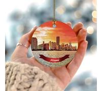 Décorations de Noël 2025 - Paysage de la ville de Miami - Cadeau souvenir de l'histoire américaine - Cadeau de collection pour décorations de fête de Noël - Cercle en céramique - 7,6 cm - Blanc