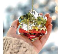 Décorations de Noël 2025 - Paysage de la ville de Miami - Souvenir de l'histoire américaine - Cadeau de collection pour intérieur - Cercle en céramique - 7,6 cm - Blanc