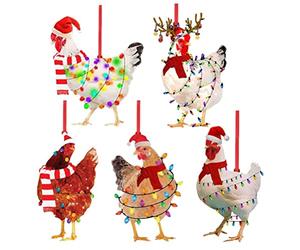 Décorations de Noël 5 Pièces Ornements de Poulet de Noël avec Chapeau et écharpe de Noël écharpe Drôle Décorations de Vacances de Poulet pour Arbre de Noël Extérieur Intérieur (A)