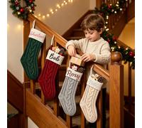 Décorations de Noël à suspendre - Nom personnalisé - Grands bas tricotés blancs gris | Grands bas personnalisés pour cheminée - Décoration de Noël tricotée pour la famille et les enfants (gris, 30 cm)