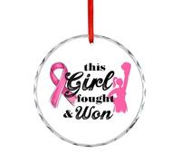 Décorations de Noël amusantes pour arbre, souvenir en verre « This Girl Fought & Won », pendentif décoratif de fête d'hiver, cadeau de Noël pour la sensibilisation au cancer du sein, rond, 7,5 cm