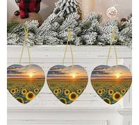 Décorations de Noël avec ruban doré en céramique à suspendre - Coucher de soleil onirique d'un champ de tournesol - Pendentif amusant en porcelaine - Artisanat - Souvenir en céramique pour décoration