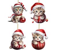 Décorations de Noël Chat Design 4 Pièces | Ornements Chat Pour Sapin Avec Bonnet De Père Noël,Charmes en Acrylique 2D pour Jardin Porte Voiture Fête Hivernale Domicile