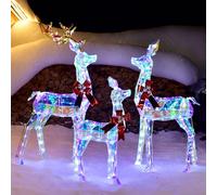 Décorations de Noël d'extérieur en famille de cerfs - HOYECHI - 3 pièces - Renne prismatique lumineux avec 465 lumières DEL - Kit de décoration extérieure de cour, piquets, attaches zippées - irisé