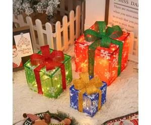 Décorations de Noël d'intérieur 3 pièces boîte Cadeau éclairée par LED Ambiance Festive visuels boîtes de Noël idéales pour la Maison Magasin école Bureau Bar 6 & 8 & 10in