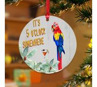 Décorations de Noël en acrylique de 7,6 cm avec inscription It's Five O'Clock Somewhere - Décoration rustique à suspendre pour sapin de Noël - Flamant rose tropical hawaïen Aloha - Souvenir - Disque