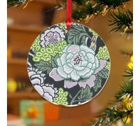 Décorations de Noël en acrylique de 7,6 cm - Fleur de pivoine chinoiserie - Vert et gris - Décoration de Noël rustique - Turquoise - Vert sarcelle - Souvenir floral - Disque transparent - Étiquette de