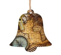 Décorations de Noël en bois en forme de cloche - Boussole festive et carte du monde ancienne imprimée - Décoration d'intérieur parfaite pour les amis