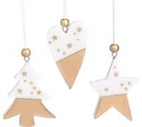 Décorations de Noël en bois Étoile Arbre Cœur 6 pcs Blanc Or Déco Pendentif