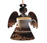 Décorations de Noël en bois imprimées en forme de tasse à café et grains de café - 4 options de formes : ange, cloche, arbre, bonhomme de neige | Bois sculpté respectueux de l'environnement pour