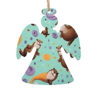 Décorations de Noël en bois imprimées loutres - 4 options de formes : ange, cloche, arbre, bonhomme de neige | Bois sculpté respectueux de l'environnement pour décoration de sapin de Noël avec cordon