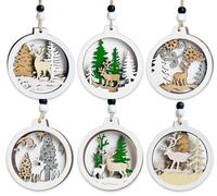 Décorations de Noël en Bois, Lot de 6 Suspension Sapin de Noël en Bois avec Corde, Pendentif Cadeaux pour Décorations de Bricolage Arbre de Noël, Ornements Suspendus de Renne en Bois Deco Noel