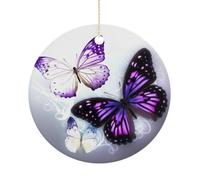 Décorations de Noël en céramique à suspendre - Motif papillons blancs et violets - 7,6 cm - Double face - Décoration pour maison, fête, hôtel, cadeau pour enseignant, voisin, ami