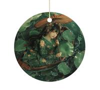 Décorations de Noël en céramique avec feuilles vertes et bateau de 7,6 cm - Décoration ronde double face à suspendre pour maison, fête, hôtel, cadeau pour enseignant, voisin, ami