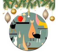 Décorations de Noël en céramique - Chat d'art moderne du milieu du siècle 7,1 cm - Décoration de Noël ronde rustique avec ficelle de suspension - Décorations de fête vintage double face personnalisées