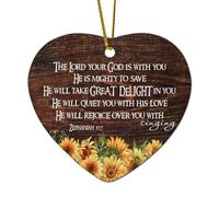 Décorations de Noël en céramique en forme de cœur avec inscription « The Lord Your God Is with You He Is Mighty to Save He Will Take Great Delight in Yo » - Décoration à suspendre pour sapin de Noël