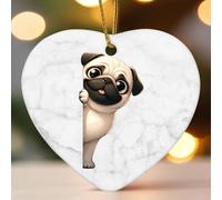 Décorations de Noël en céramique en forme de cœur en forme de carlin qui regardent autour du coin pour sapin de Noël, souvenir de Noël, souvenir de vacances, cadeau de Nouvel An pour la famille