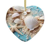 Décorations de Noël en céramique en forme de cœur, océan, mer, plage, coquillages, étoile de mer, bleu imprimé, arbre de Noël, décoration à suspendre pour décorations de fête de Noël
