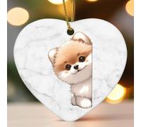 Décorations de Noël en céramique en forme de cœur plat en forme de chien de Poméranie qui regardent autour du coin - Décorations d'hiver pour sapin de Noël, souvenir de Noël, souvenir de collection