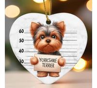Décorations de Noël en céramique en forme de cœur plat - Yorkshire Terrier prisonnier de police - Décorations d'hiver pour sapin de Noël, souvenir de Noël, souvenir de collection - Décoration de fête