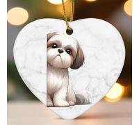 Décorations de Noël en céramique en forme de cœur Shih Tzu qui regardent autour du coin des décorations pour sapin de Noël, souvenir de Noël, souvenir de vacances, cadeau de Nouvel An, cadeau pour la
