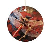 Décorations de Noël en céramique en forme de libellule rouge de 7,6 cm - Décoration ronde double face à suspendre pour maison, fête, hôtel, cadeau pour enseignant, voisin, ami