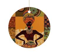 Décorations de Noël en céramique femme africaine 7,6 cm - Décoration ronde double face à suspendre pour maison, fête, hôtel, cadeau pour enseignant, voisin, amie