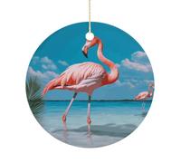 Décorations de Noël en céramique flamant rose dans l'eau, 7,6 cm - Décoration ronde double face à suspendre pour maison, fête, hôtel, cadeau pour enseignant, voisin, ami