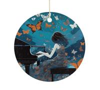 Décorations de Noël en céramique pour femme jouant du piano 7,6 cm - Décoration ronde double face à suspendre pour maison, fête, hôtel, cadeau pour enseignant, voisin, amie