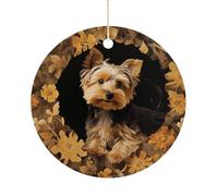 Décorations de Noël en céramique Yorkshire Terrier dans la grotte 7,6 cm - Arbre de vacances rond double face à suspendre pour maison, fête, hôtel, cadeau pour enseignant, voisin, ami