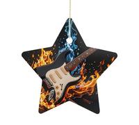Décorations de Noël en forme d'étoile de 6,8 cm - Guitare électrique musicale en céramique - Décorations à suspendre double face pour sapin de Noël, maison, vacances, mariage