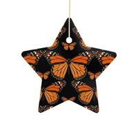 Décorations de Noël en forme d'étoile de Noël avec corde de suspension, monarque et papillons oranges à suspendre - Décoration de sapin de Noël vintage en céramique pour la maison, les fêtes de fin