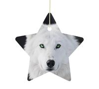 Décorations de Noël en forme d'étoile de Noël de 6,9 cm avec corde de suspension, loup blanc froid à suspendre - Décoration de sapin de Noël vintage en céramique pour la maison, les fêtes de fin