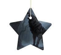 Décorations de Noël en forme d'étoile de Noël de 6,9 cm avec corde de suspension, loup hurlant féroce à suspendre - Décoration de sapin de Noël vintage en céramique pour la maison, les fêtes de fin
