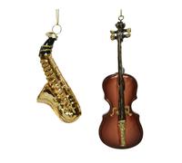 Décorations de Noël en verre violon / saxophone 12cm brun / or, set de 2