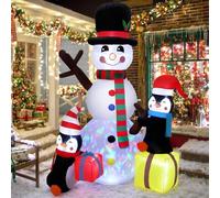 Décorations de Noël gonflables de 2,1 m, bonhomme de neige et pingouin avec lumières LED rotatives de couleur pour extérieur, cour, jardin, fête