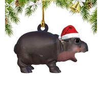 Décorations de Noël hippopotame ornement de Noël,Pendentif en acrylique 2D chapeau de père Noël pour intérieur et extérieur