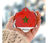 Décorations de Noël Maroc - Drapeau du monde mondial - Décoration de sapin de Noël ronde en céramique double face - Drapeau d'État personnalisé - Boule de Noël pour décorations de fête de Noël